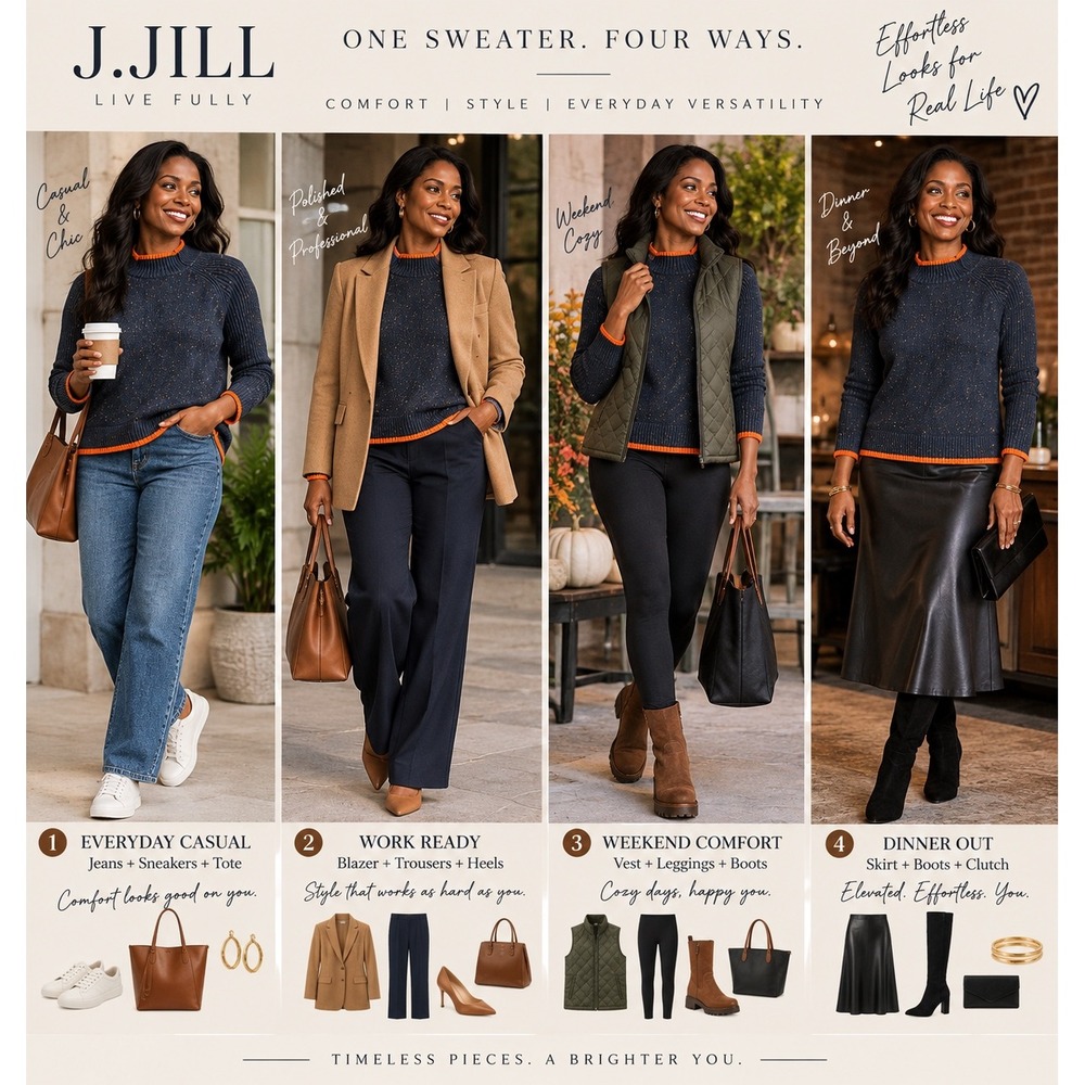 J.Jill Navy Flecked Mock Neck Sweater Orange Trim Tall Large L Raglan Knit